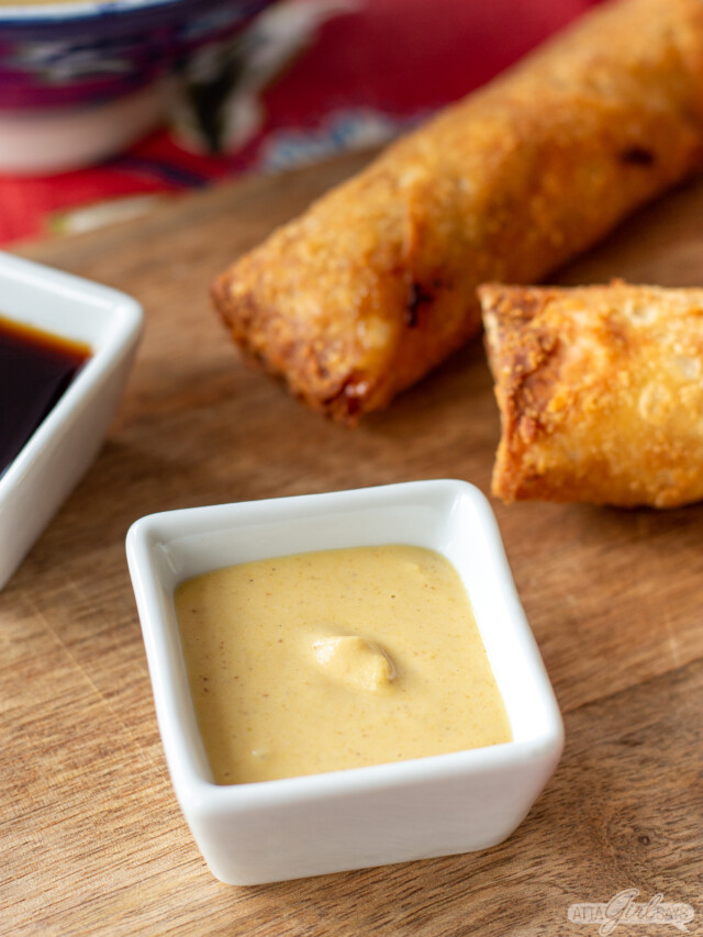 homemade Chinese hot mustard with fried egg rolls