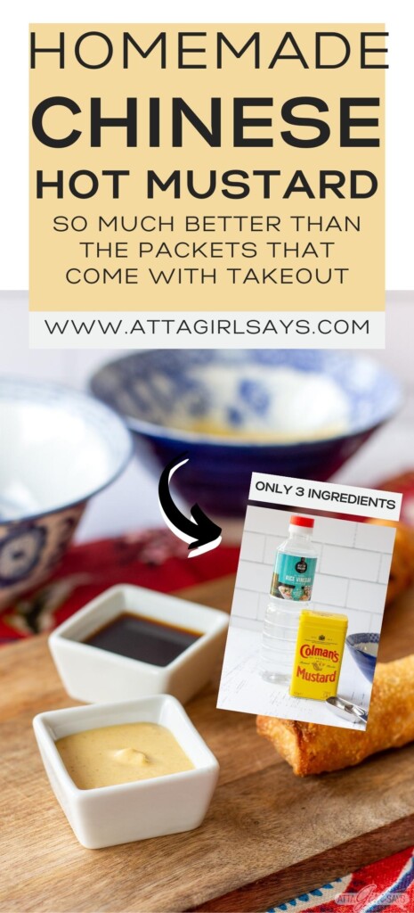 Chinese hot mustard in a square bowl with inset of mustard powder and rice vinegar