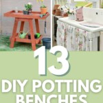 collage showing six different DIY potting benches in garden settings