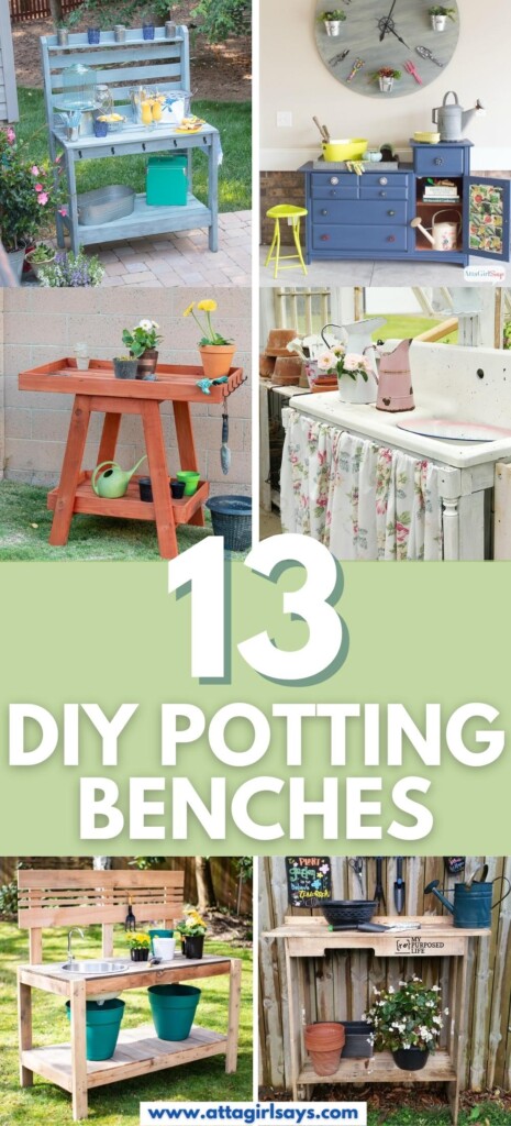 collage showing six different DIY potting benches in garden settings