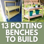 collage showing six different DIY potting benches in garden settings