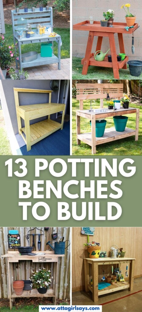 collage showing six different DIY potting benches in garden settings