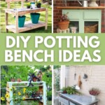 collage showing six different DIY potting benches in garden settings