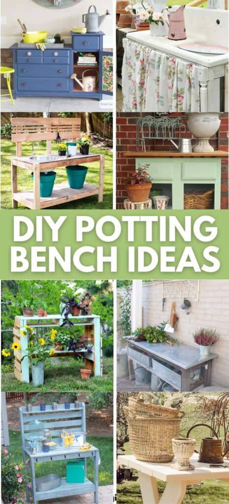 collage showing six different DIY potting benches in garden settings