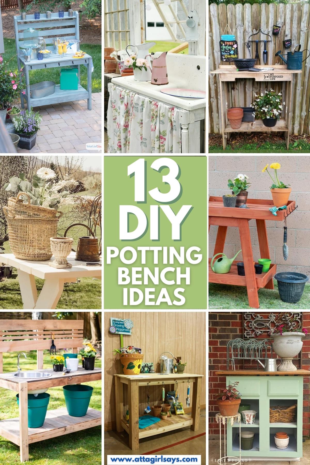 collage showing 8 different DIY potting benches in garden settings