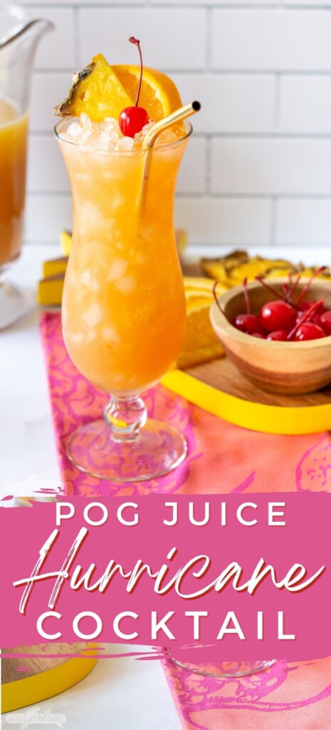 A Hawaiian twist on the classic Hurricane cocktail made with passionfruit puree and POG juice instead of orange juice. This fruity, boozy drink is made with two kinds of rum and served over ice in a curvy Hurricane glass. Perfect for a luau, beach party or poolside. Includes instructions for making by the glass or by the pitcher.