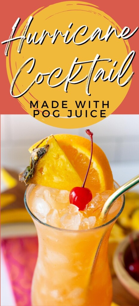 hurricane cocktail in a glass with orange slice, pineapple slice and cherry