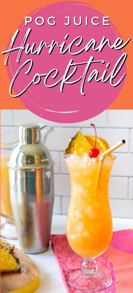 cocktail shaker and a Hurricane cocktail on a pink cloth with pineapple slices on a cutting board