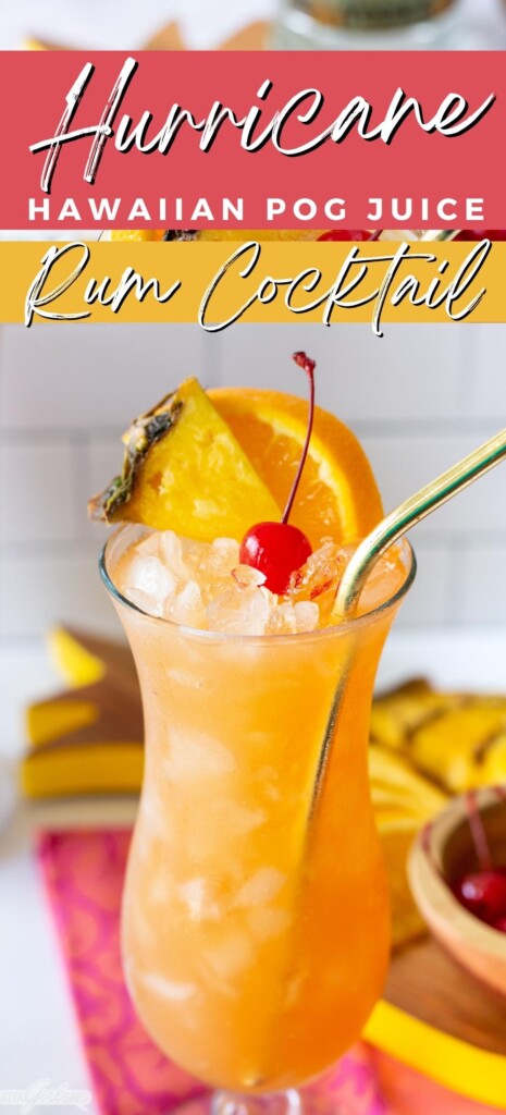 hurricane cocktail in a glass with orange slice, pineapple slice and cherry