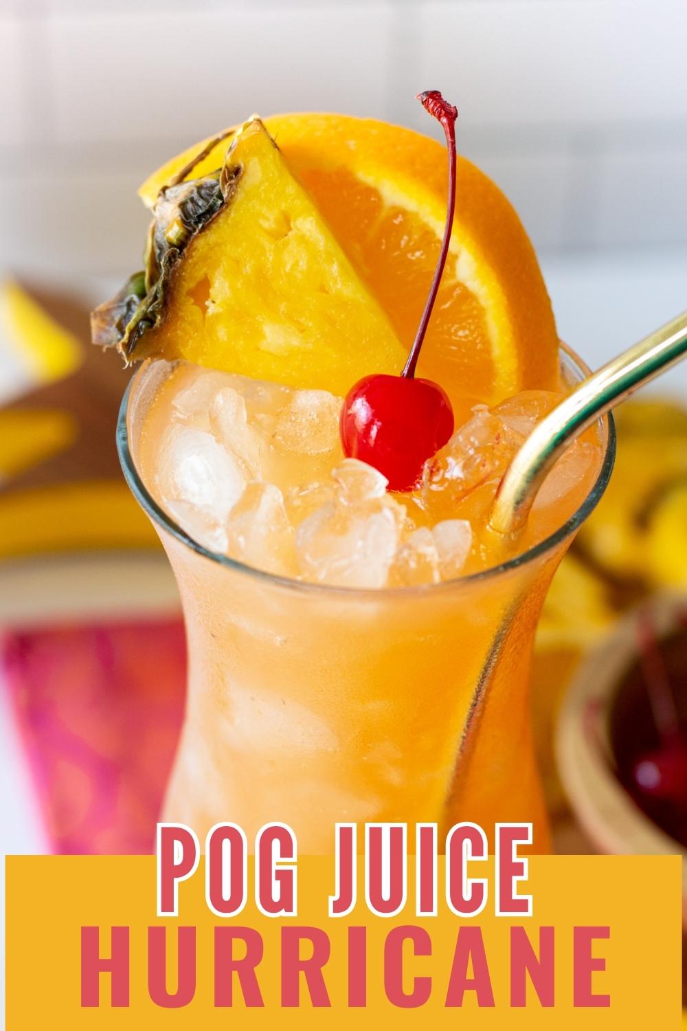 hurricane cocktail garnished with orange slice, pineapple slice and maraschino cherry