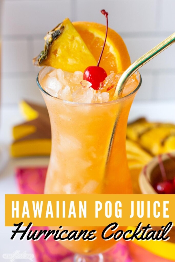 hurricane cocktail in a glass with orange slice, pineapple slice and cherry