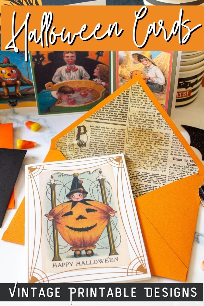 Vintage Halloween card with a child in a pumpkin costume