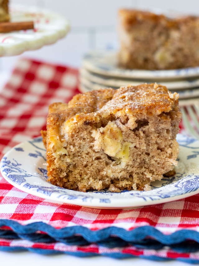 slice of fresh applesauce cake on a blue and white plate on a red gingham napkin