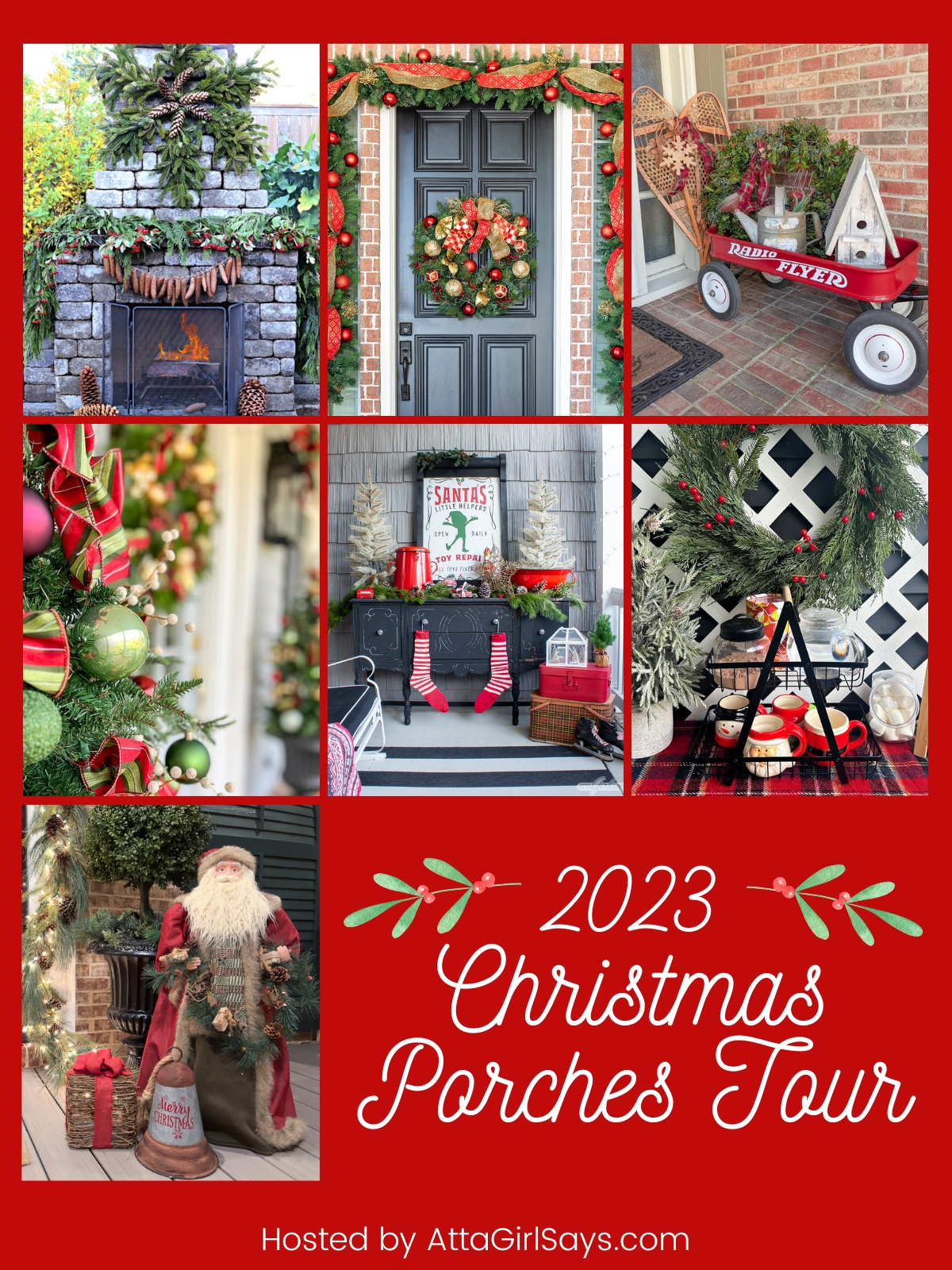 collage of seven different porch Christmas decorations