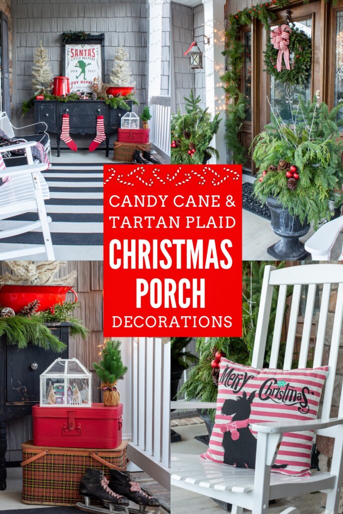 collage of four photos of porch Christmas decorations