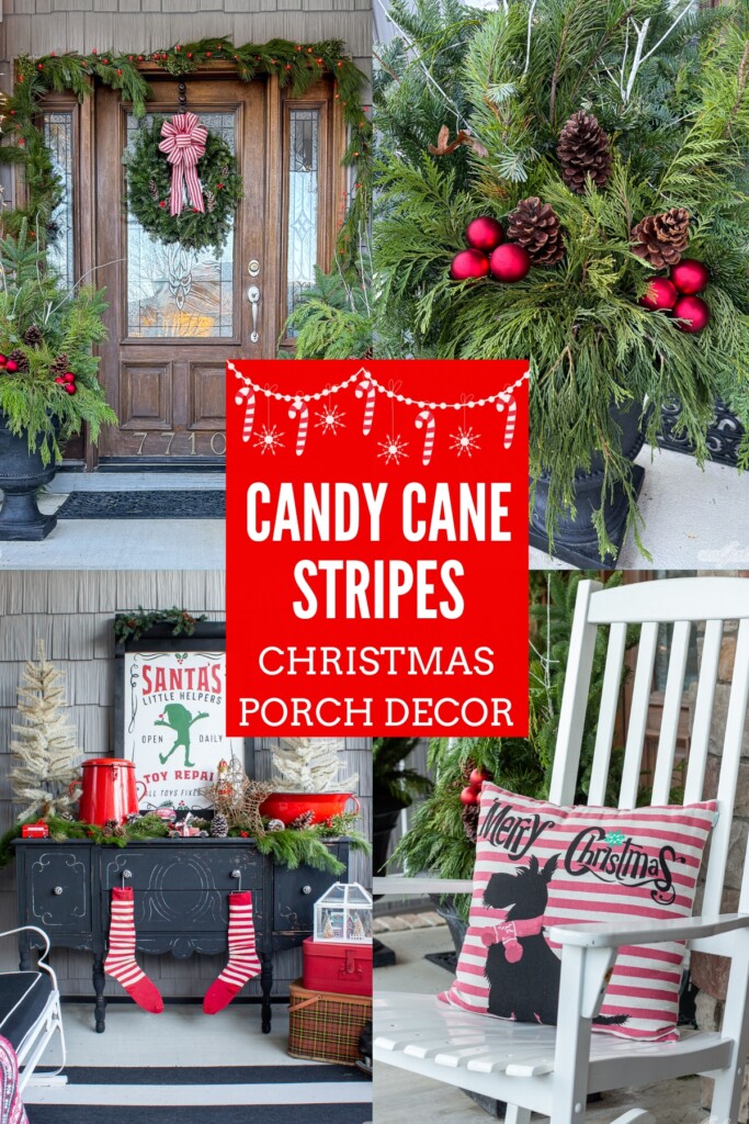 collage of four photos of porch Christmas decorations