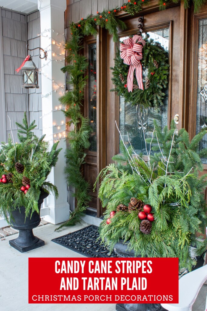 urns, Christmas wreath and a garland on a front door