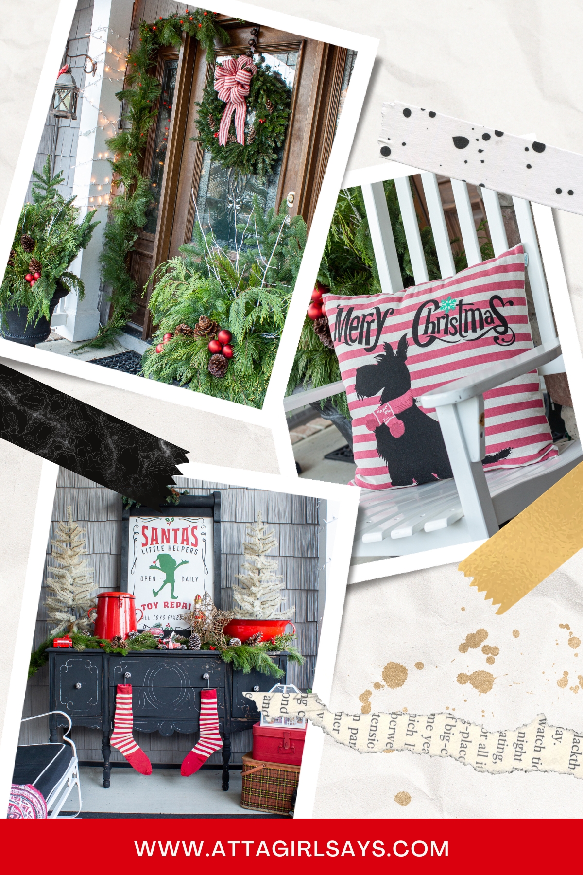 photo collage with images of porch Christmas decorations