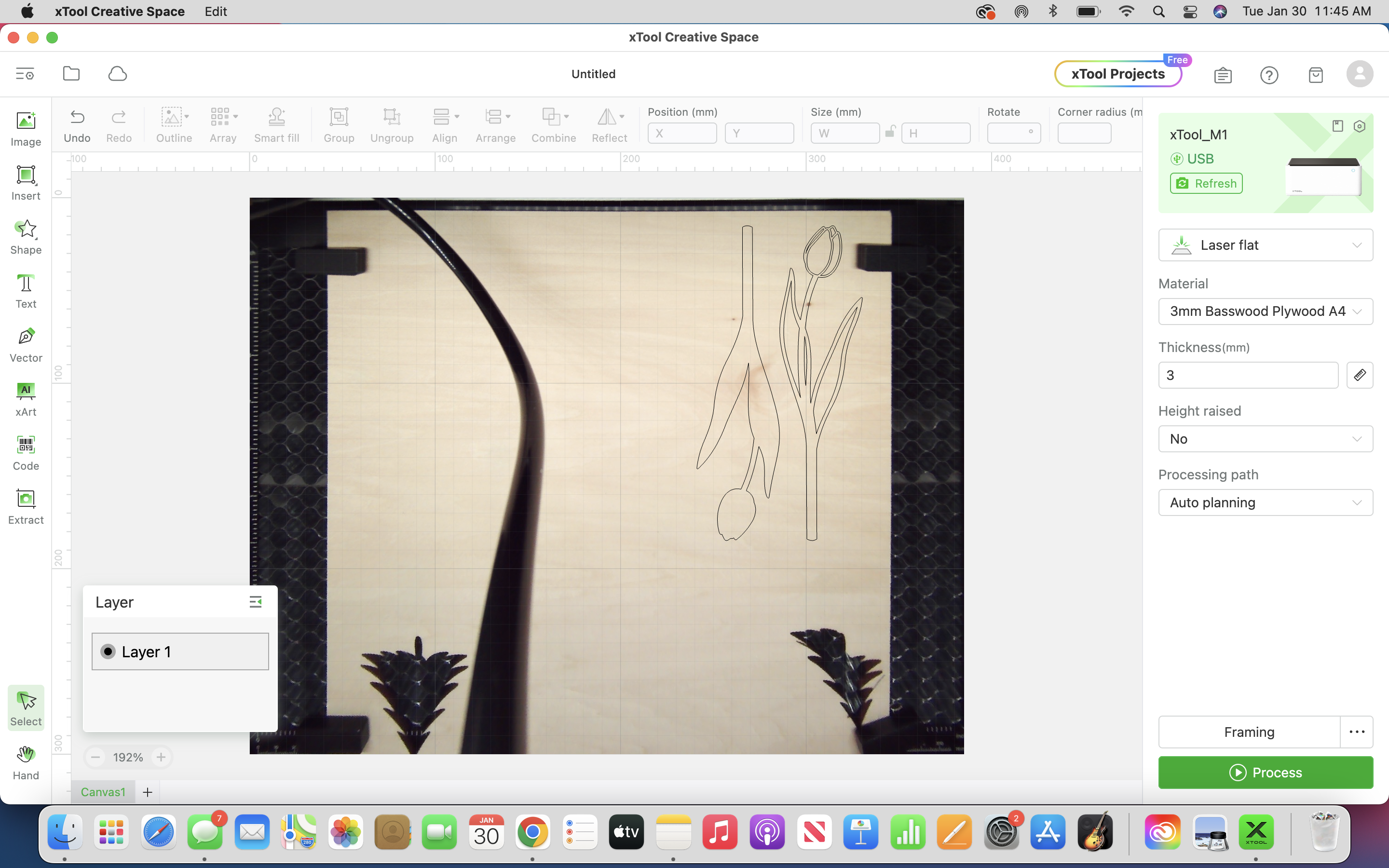 wooden sheet with tulip design on it inside xTool M1 laser cutter