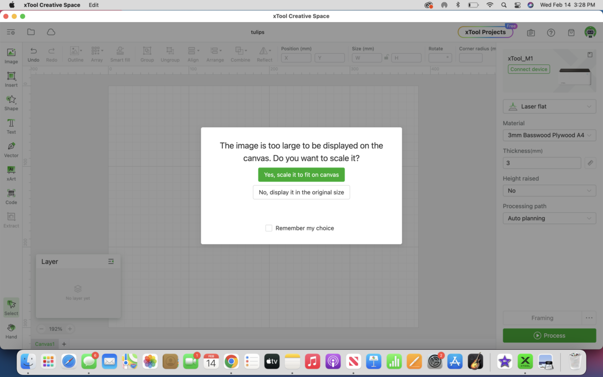dialog warning box in xTool Creative Space software
