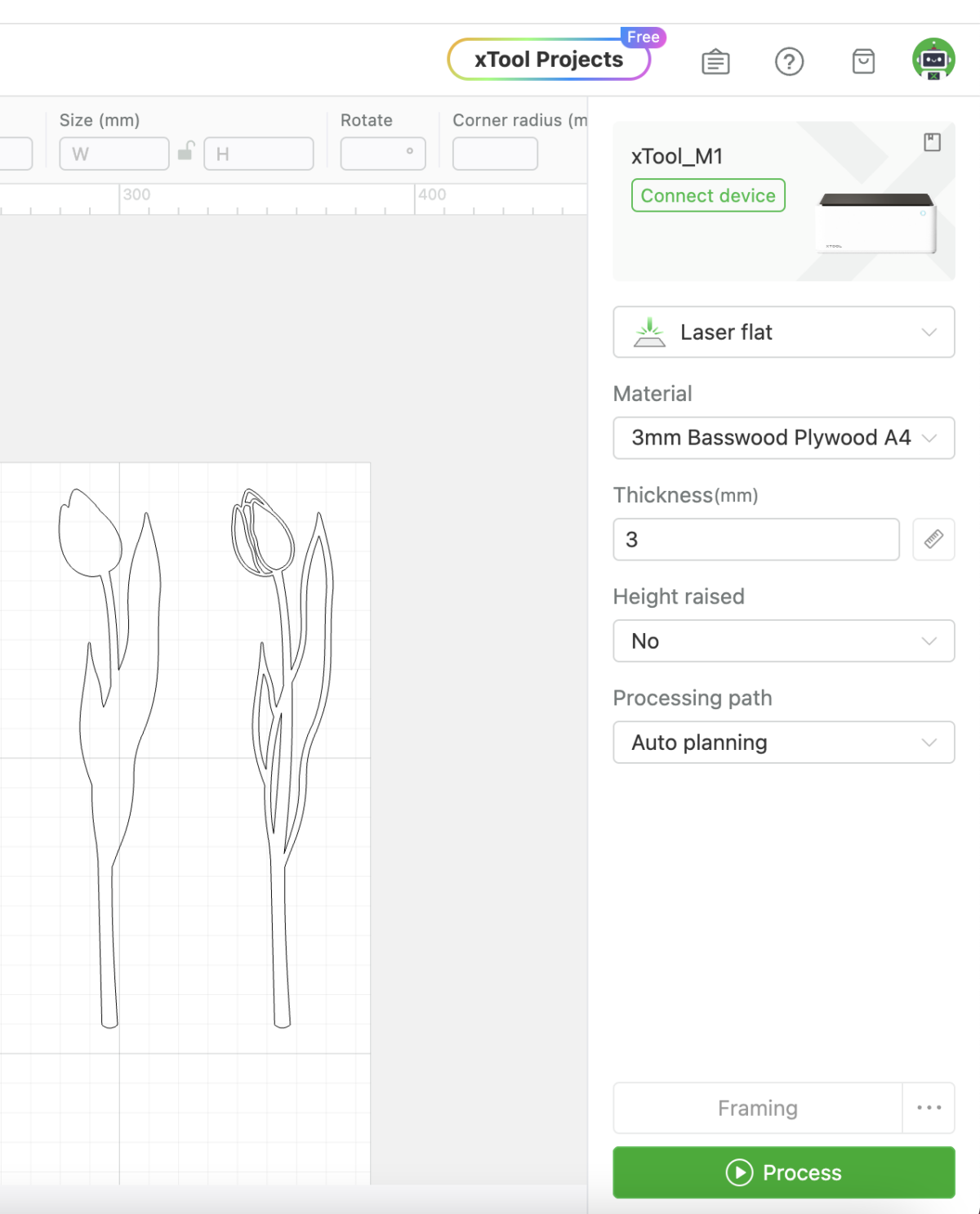 screenshot of tulip SVG file in xTool Creative Space