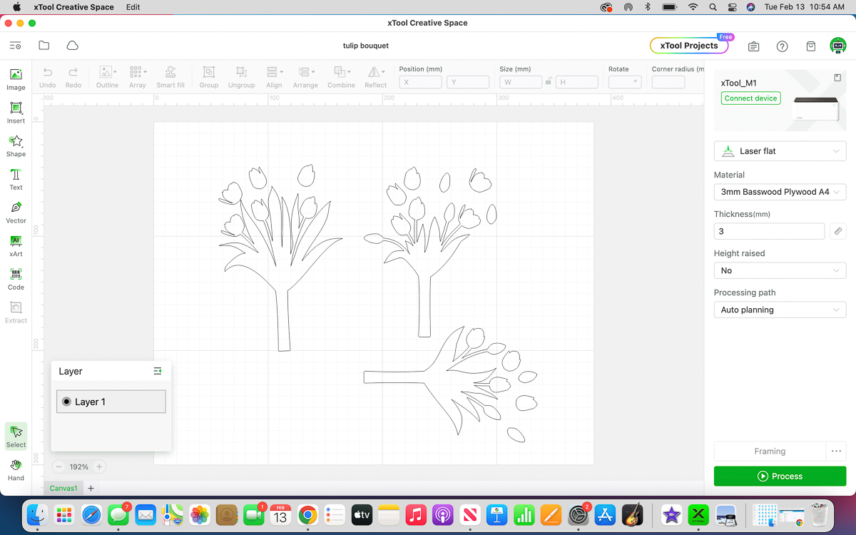 screenshot of tulip bouquet SVG file in xTool Creative Space software
