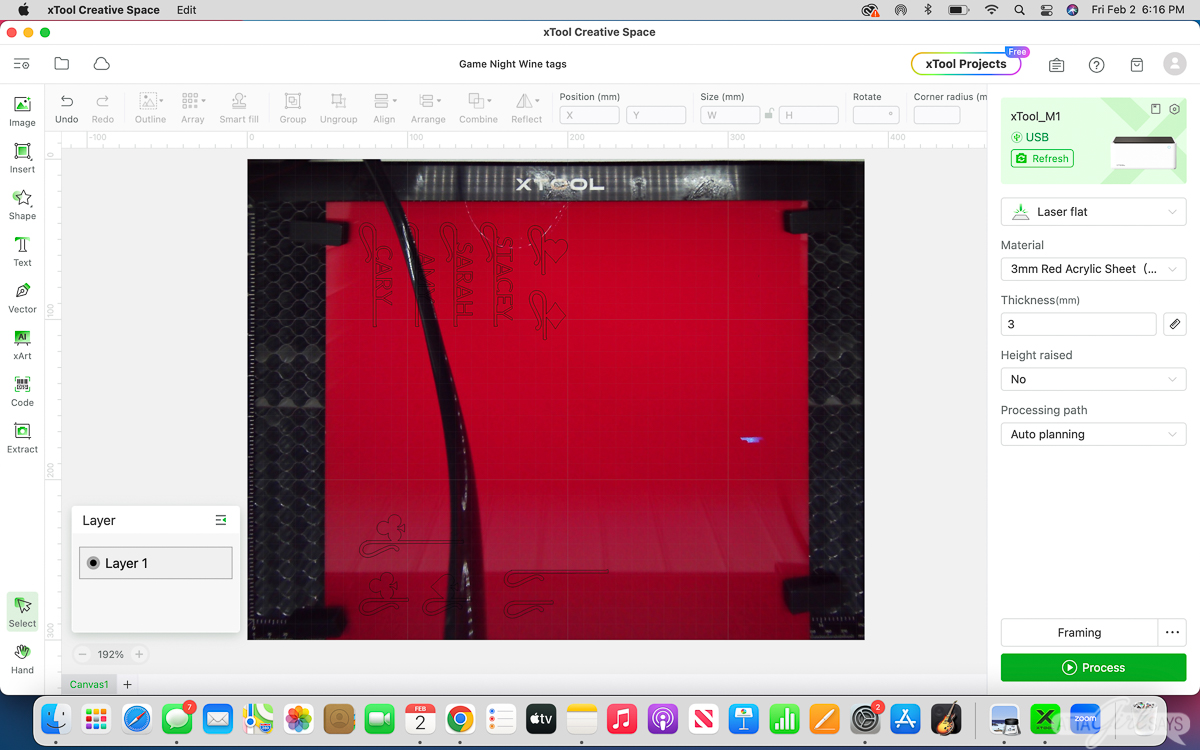 red acrylic sheet in xTool M1 laser cutter
