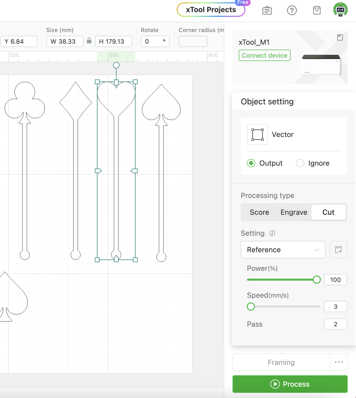 output settings for cutting acrylic swizzle sticks with xTool M1 10W
