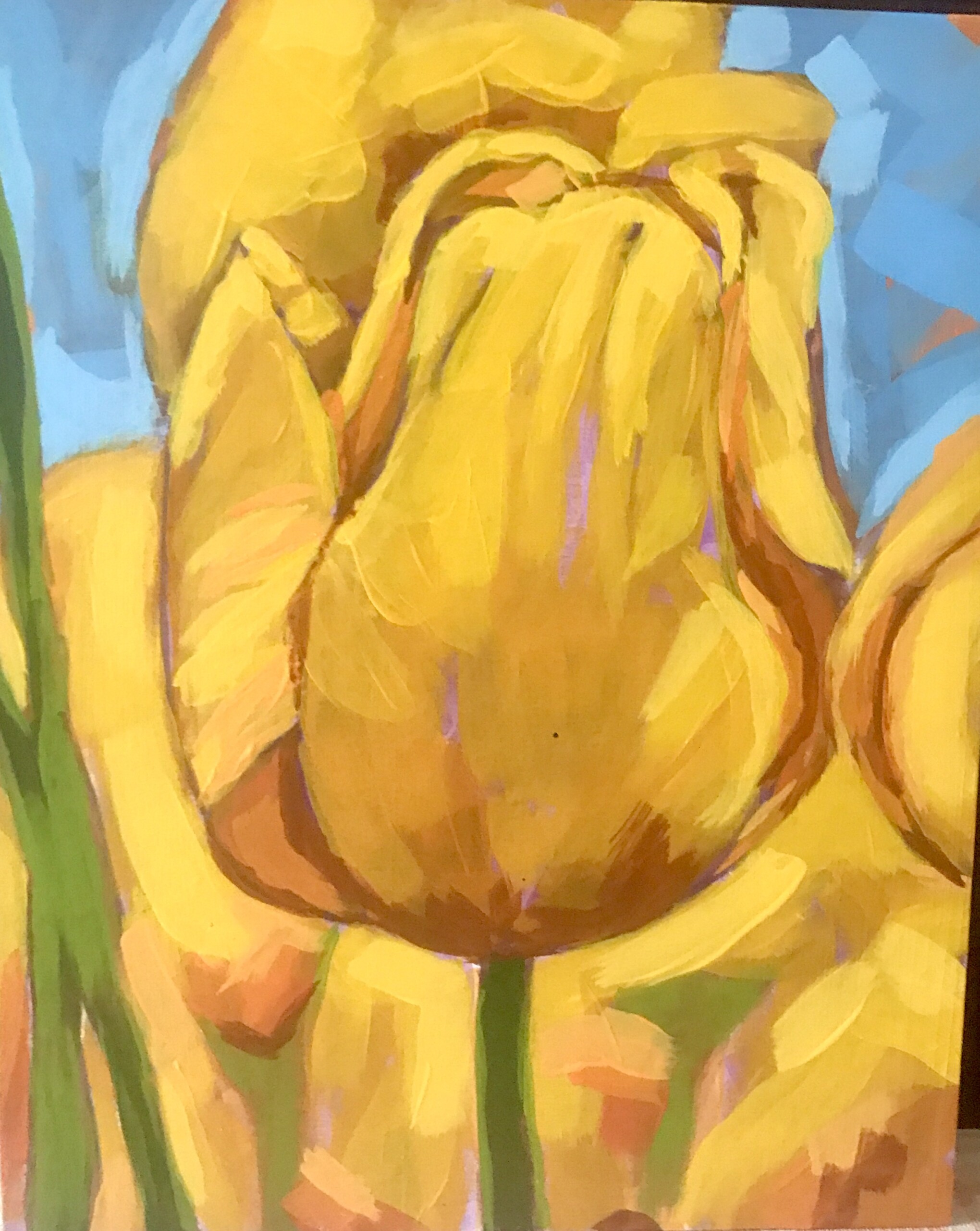 acrylic painting of a closeup of a yellow tulip in bloom against a blue sky