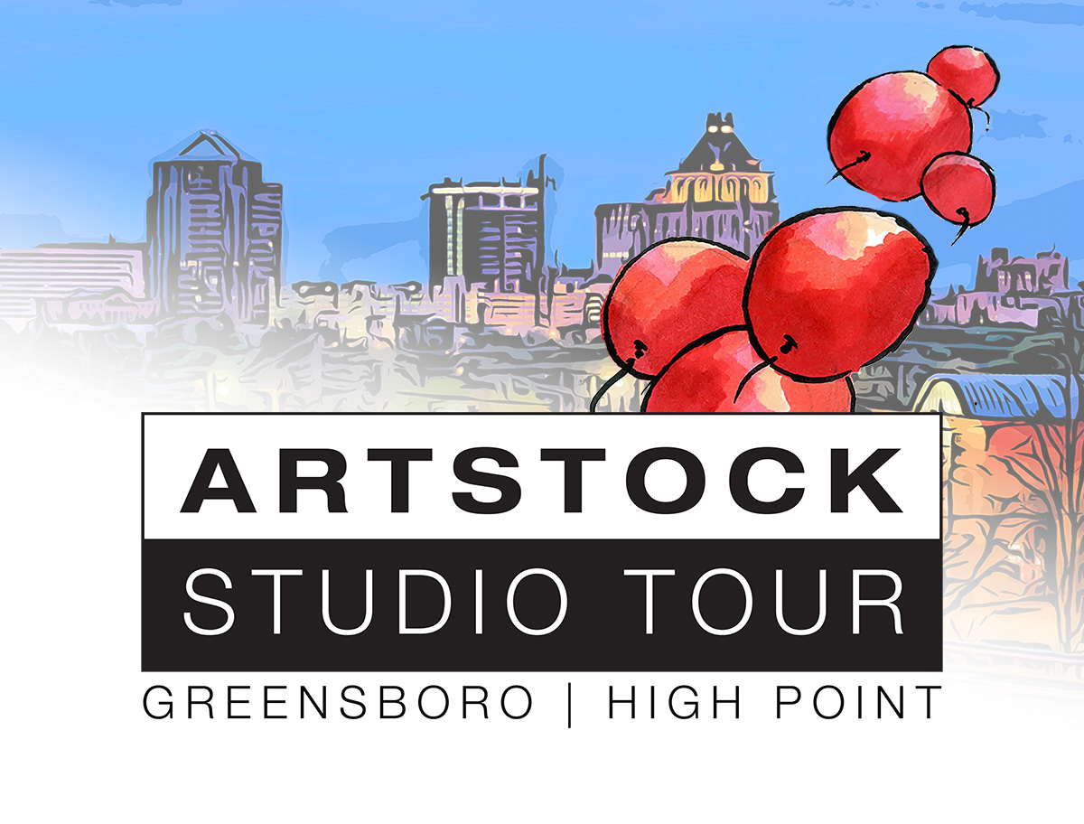 drawing of a city skyline with red balloons floating with a text overlay reading Artstock Studio Tour