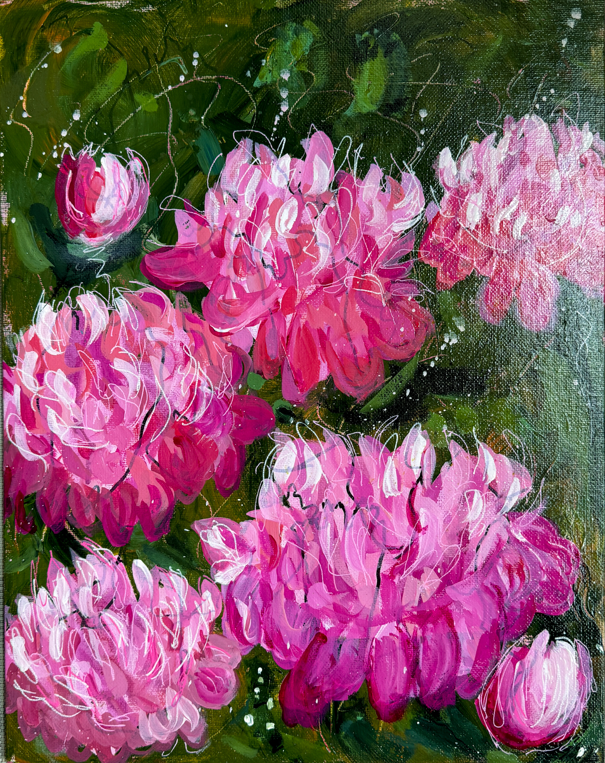 Impressionistic painting of pink peony flowers on a green background