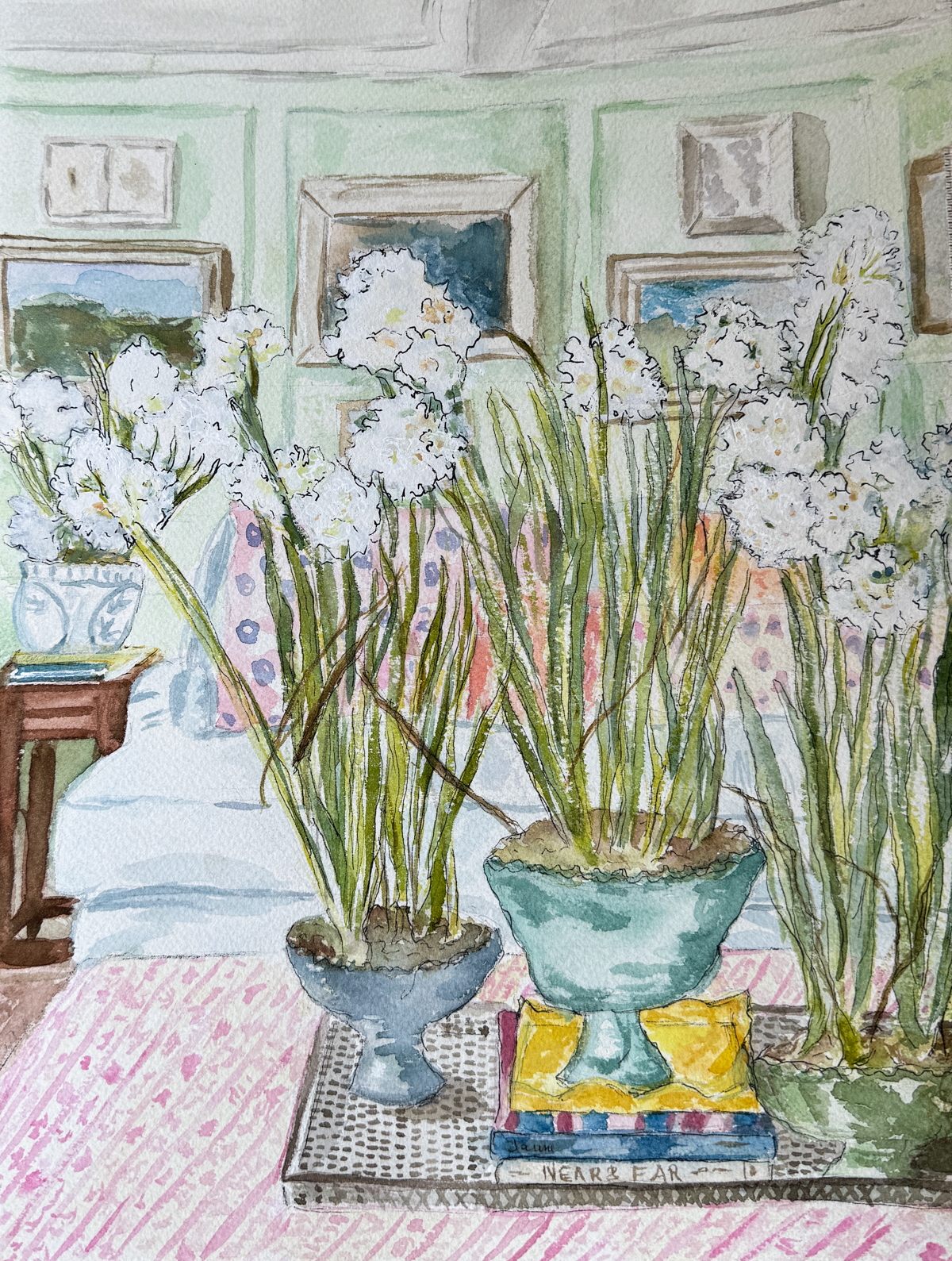 watercolor painting of paperwhite flowers in compote bowls on an upholstered ottoman
