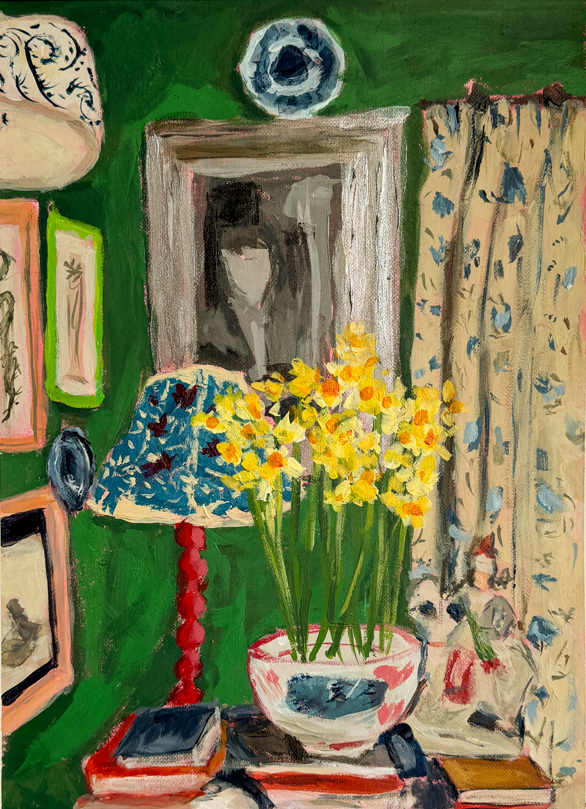 acrylic painting of daffodil blooms in a bowl in front of a window in a living room