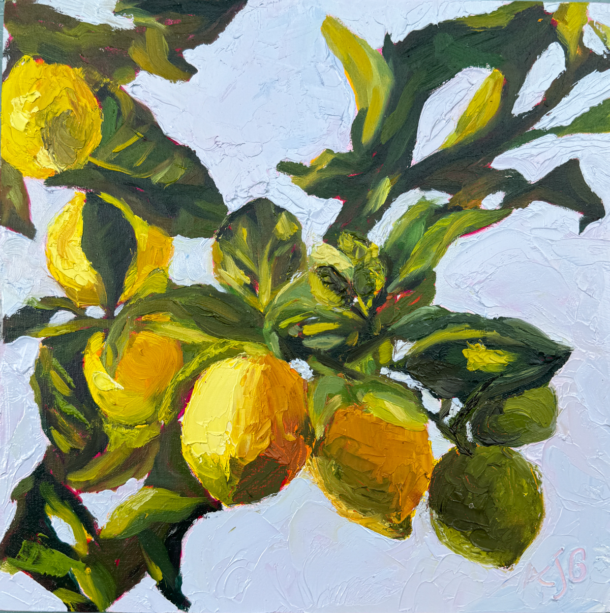 oil painting of lemons growing on a branch in the sun