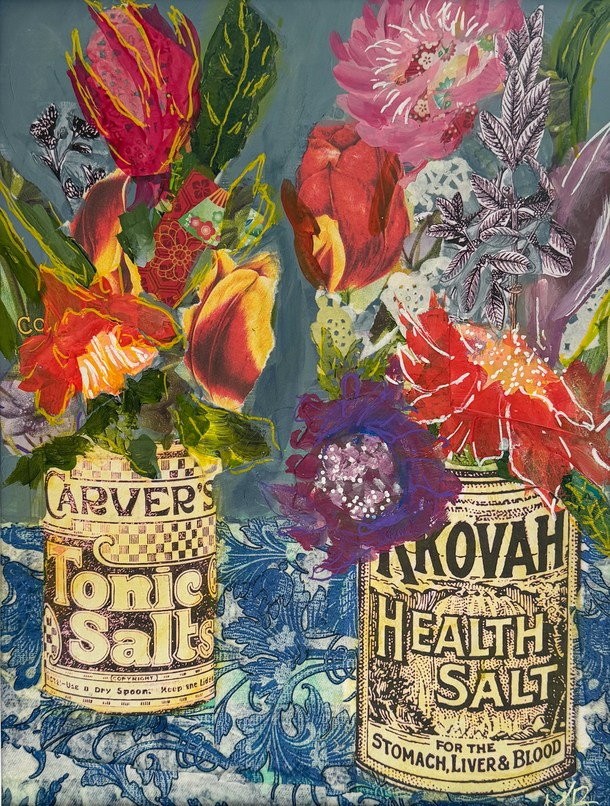 mixed media collage painting of two floral bouquets in vintage cans sitting on a blue-and-white tablecloth
