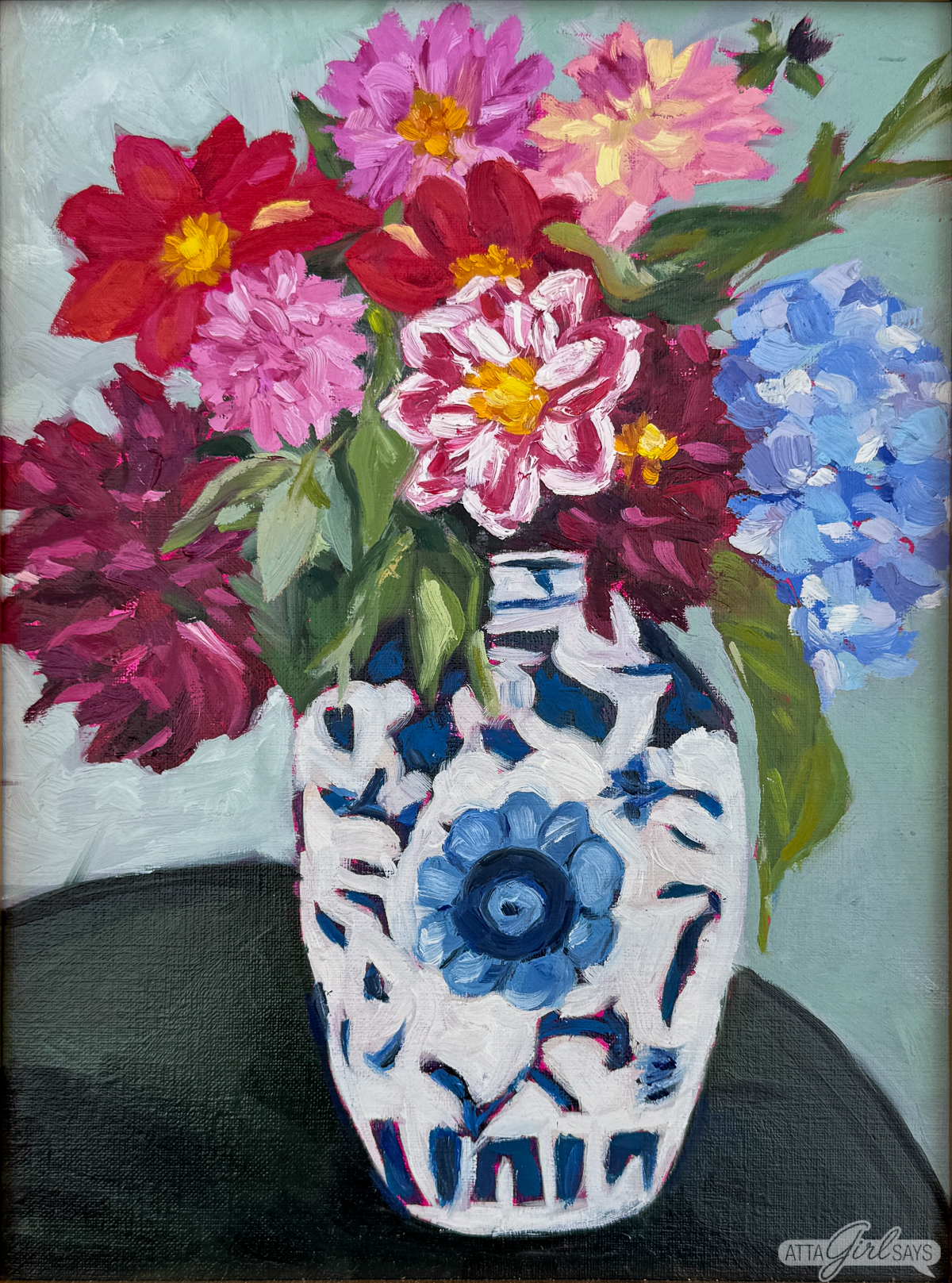 floral oil painting with dahlias and hydrangea in a blue-and-white chinoiserie vase