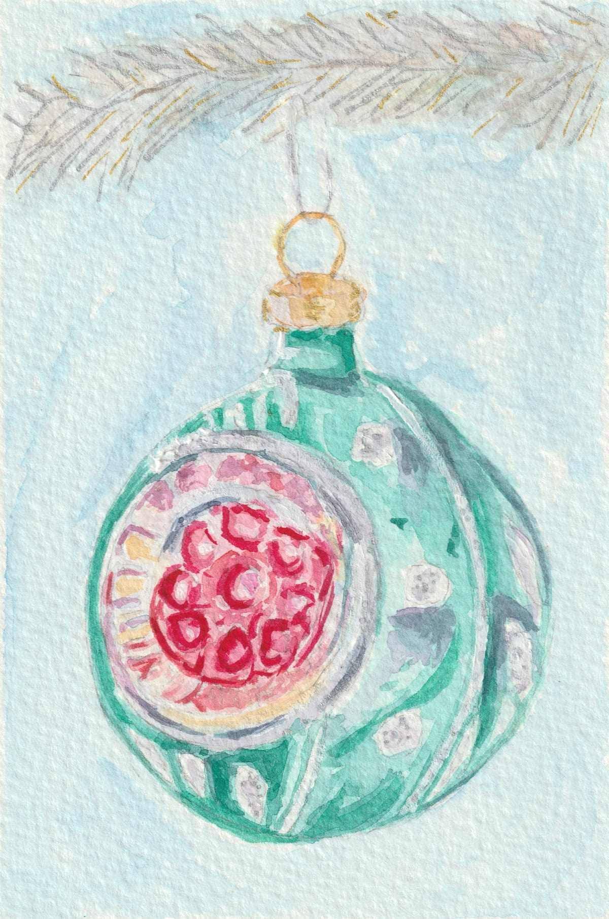 watercolor painting of an aqua and pink vintage Christmas ornament on a tinsel tree