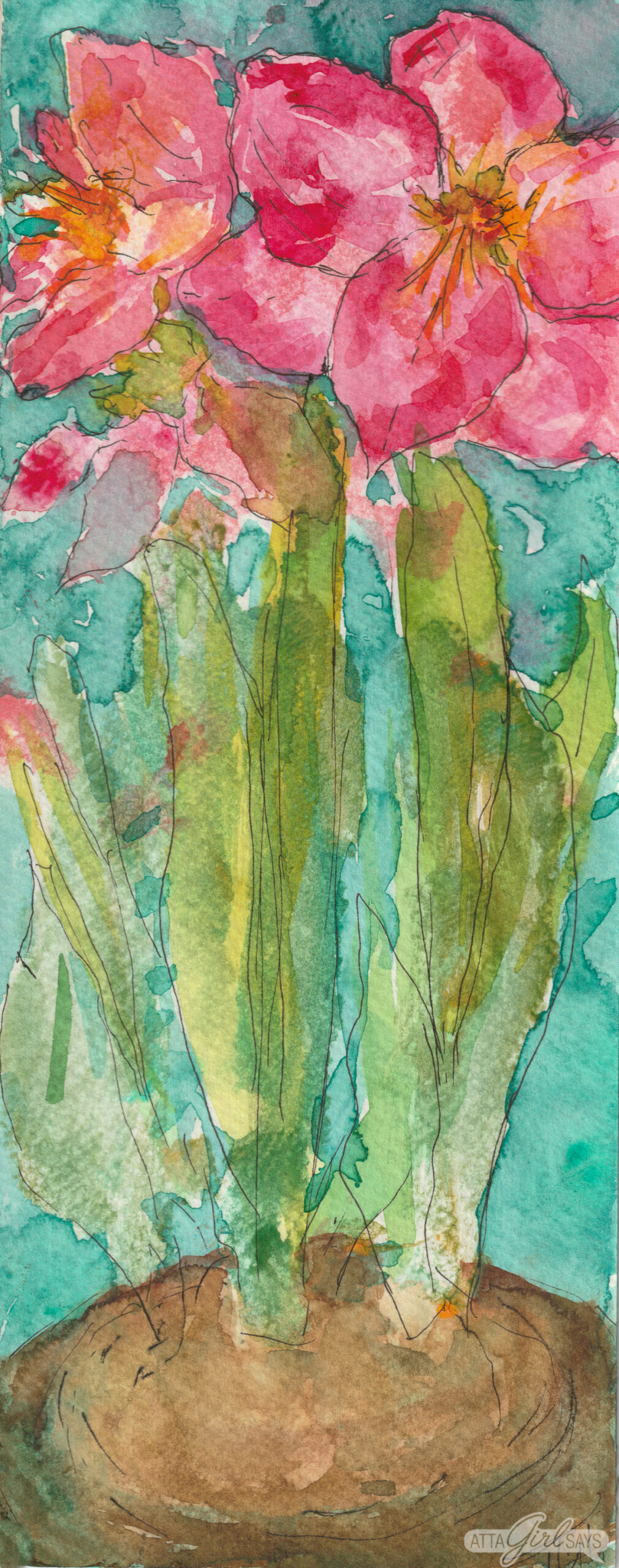 watercolor painting of two amaryllis  in bloom with a green background