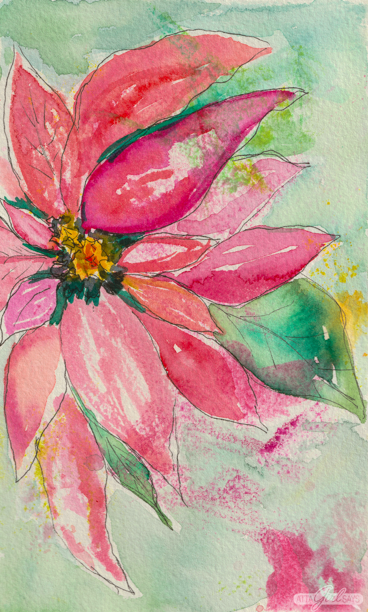 watercolor poinsettia flower painting on a green background