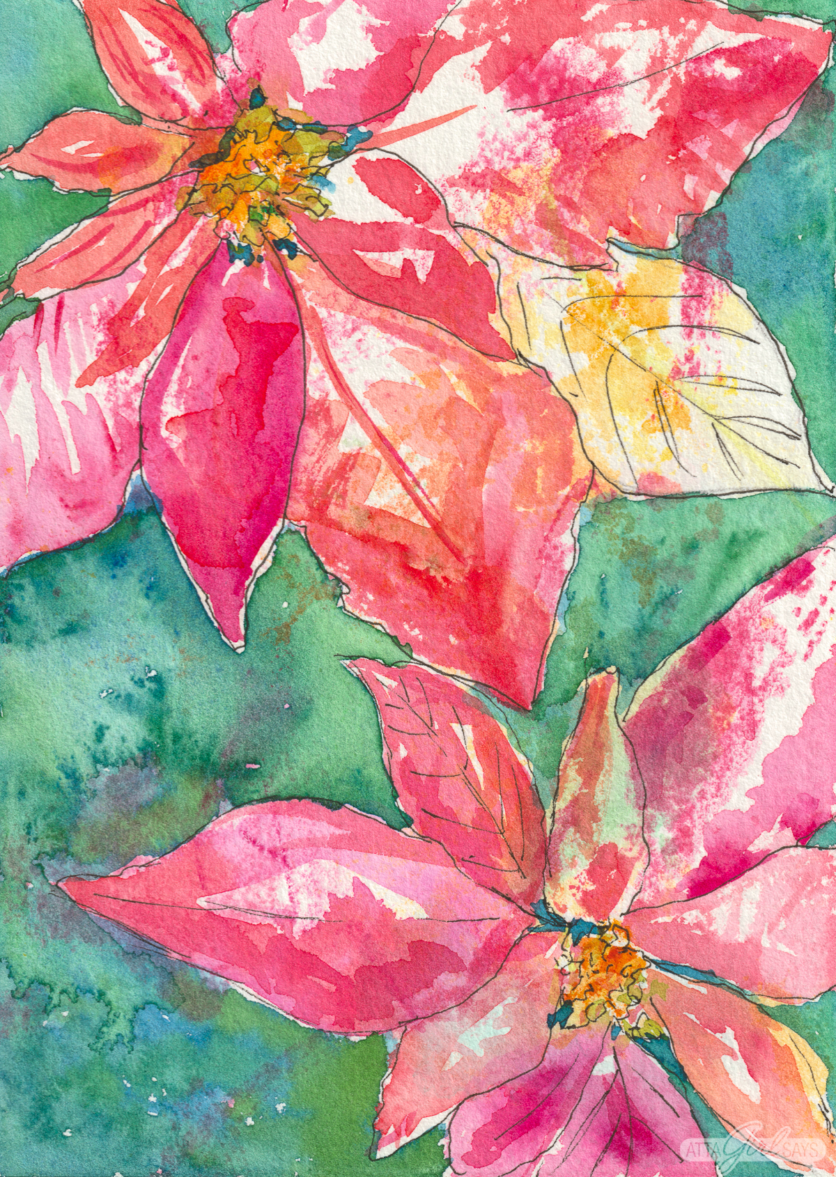 two red poinsettias with mottled leaves painted in watercolor on a bright green background