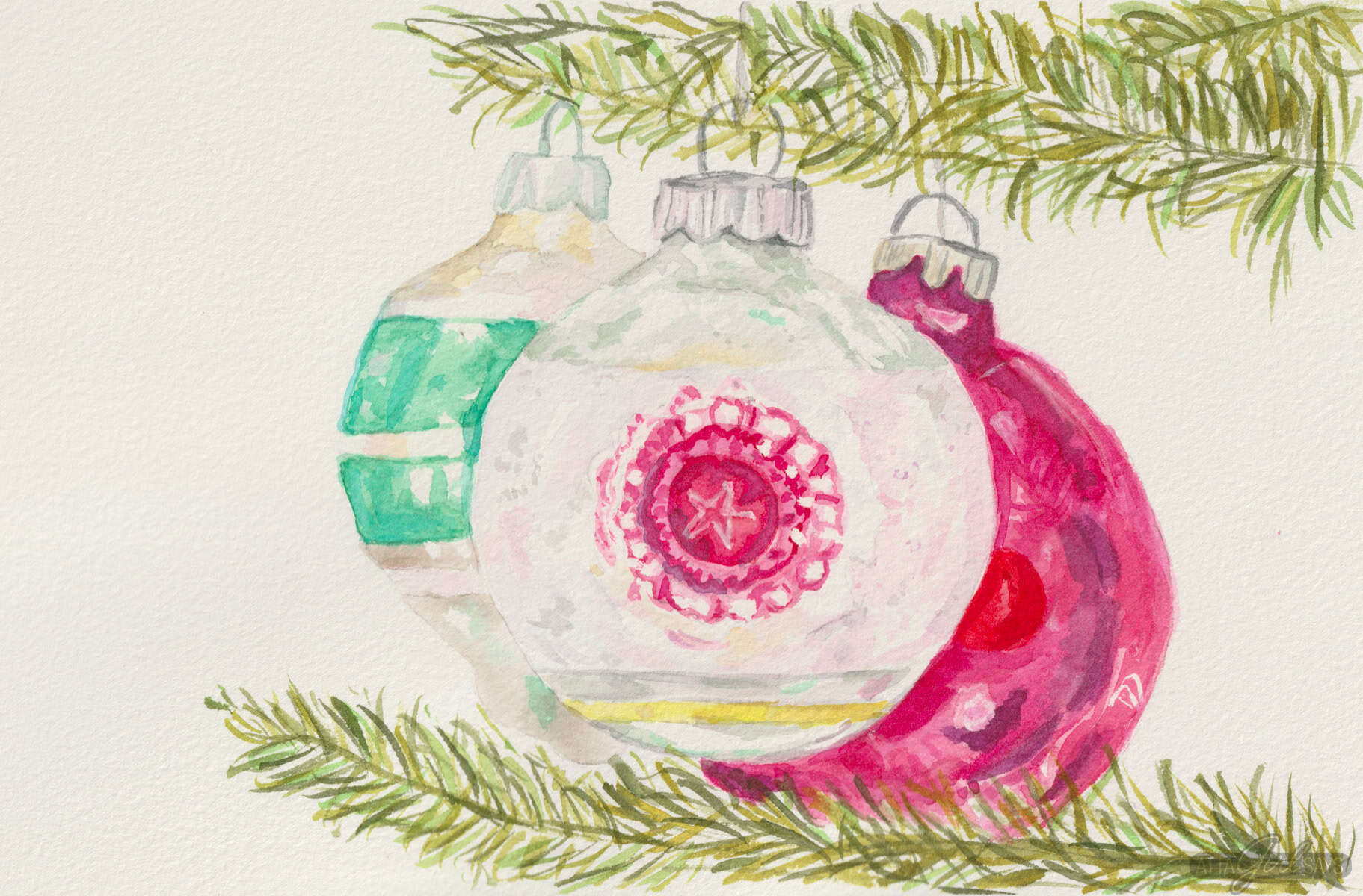 Watercolor painting of three vintage Shiny Brite ornaments hanging on a tree branches