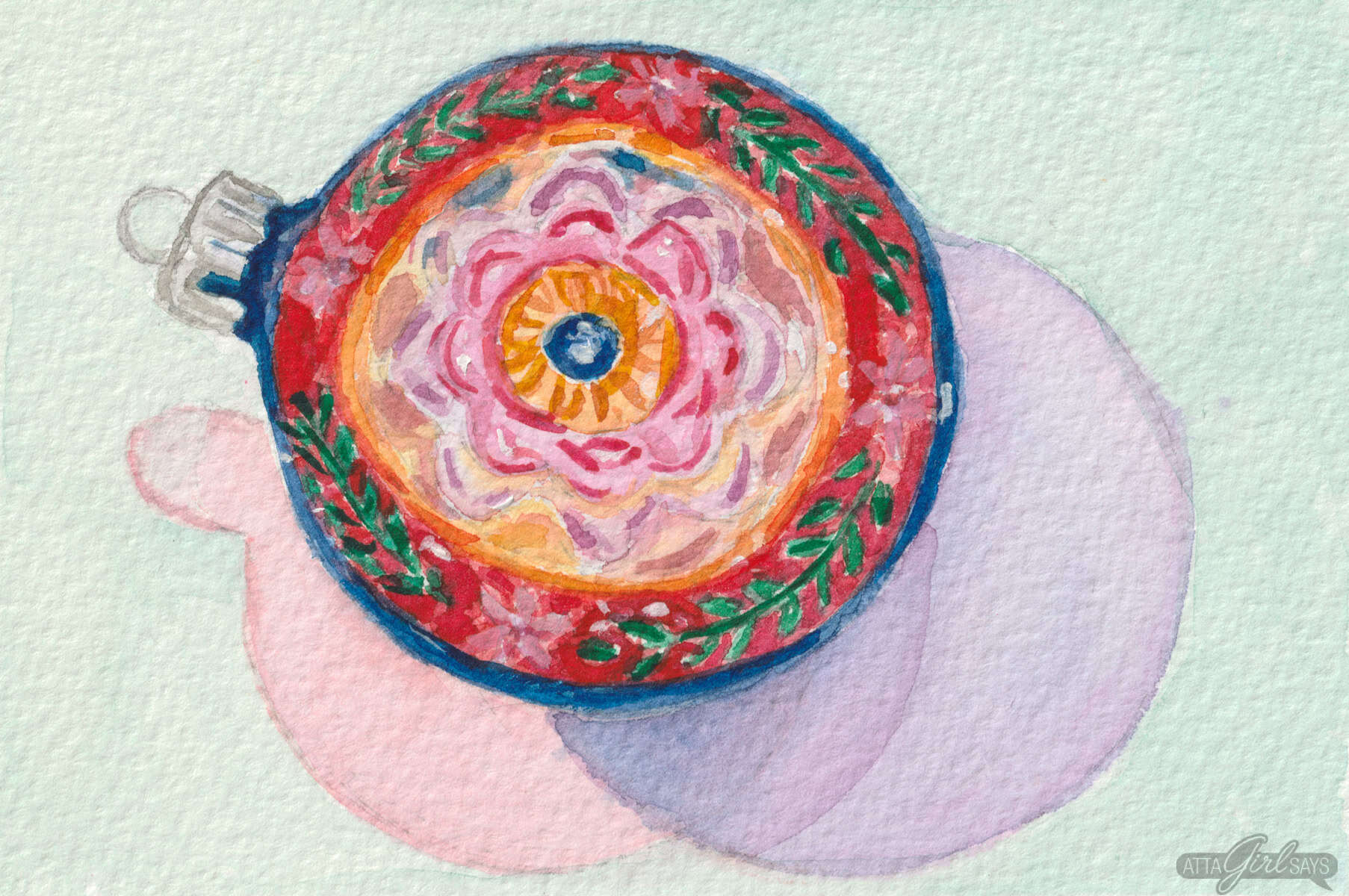 Watercolor painting of a red and blue vintage Christmas ornament with pink flowers and green vines on a pink, green and purple background