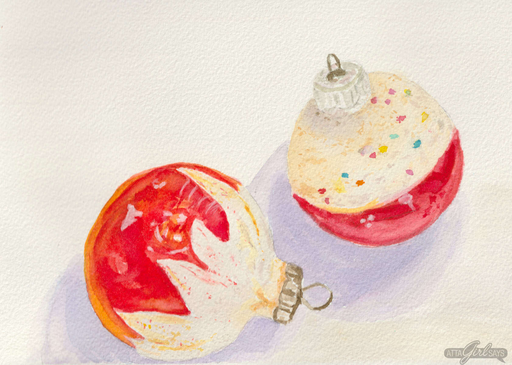 Watercolor painting of two red and white vintage Christmas ornaments with reflections