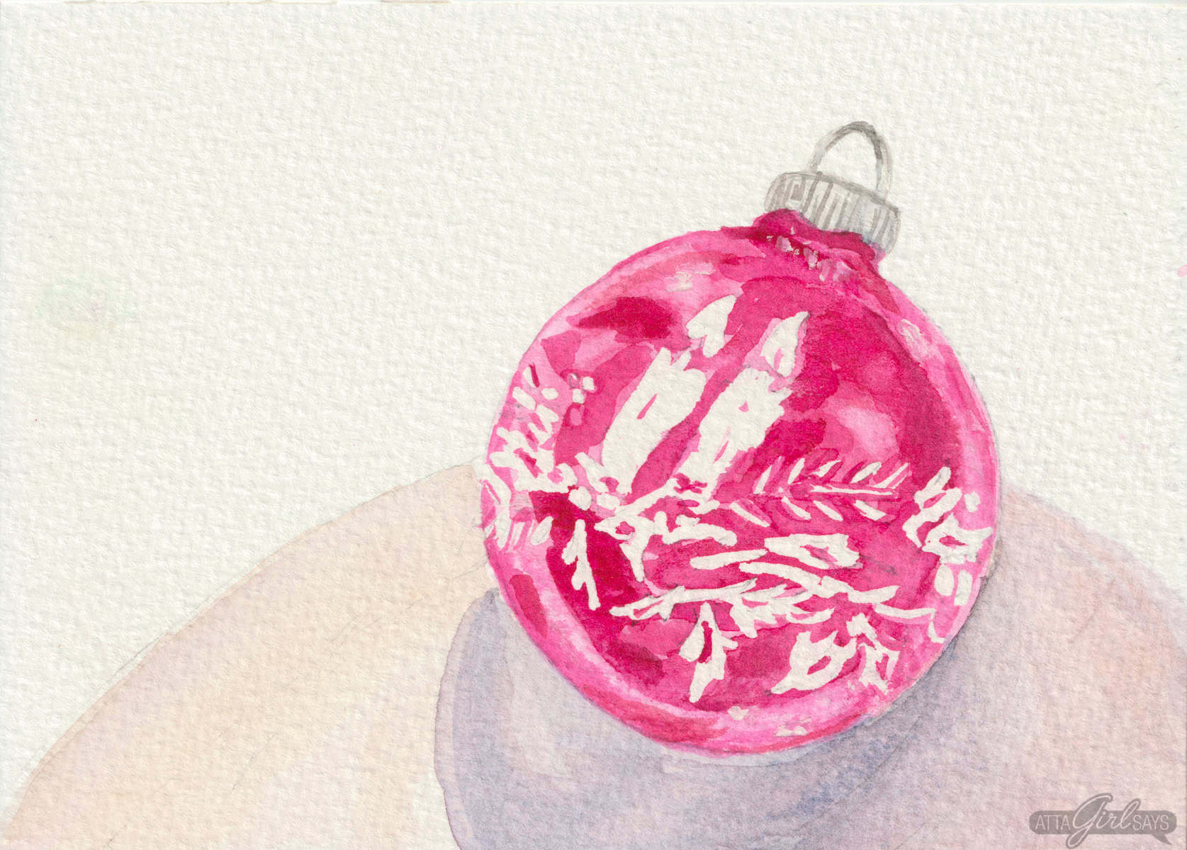 Watercolor painting of a vintage pink Shiny Brite Christmas ornament with candles in holly branches