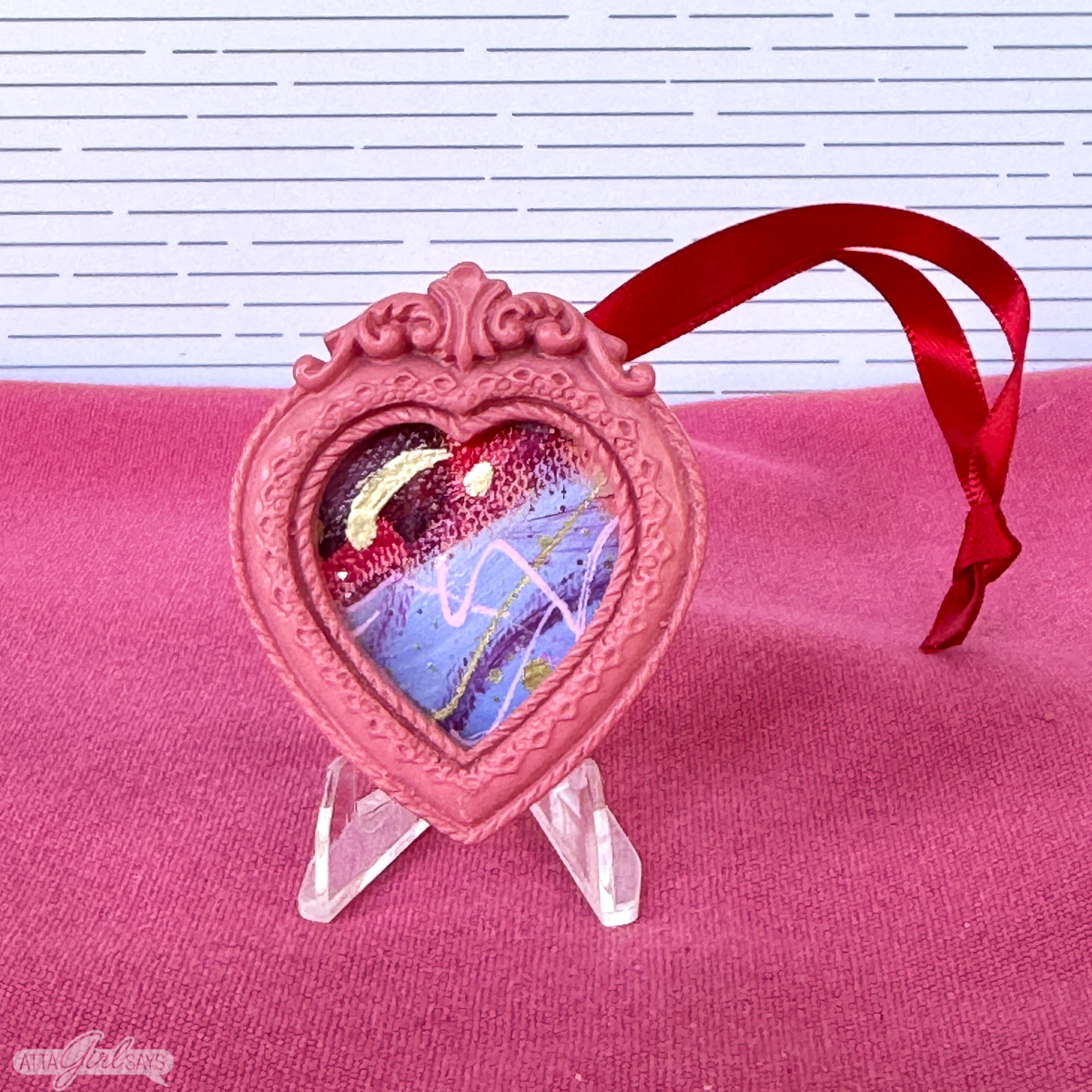 mini heart painting in pink heart-shaped resin frame